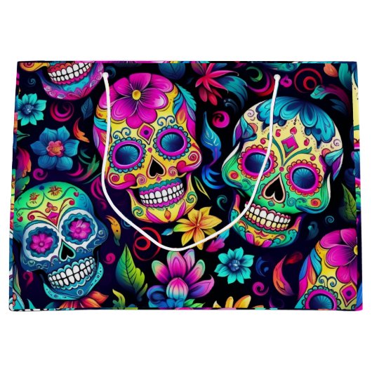 Dag van de Dode Neon Sugar Skulls Groot Cadeauzakje (Voorkant)