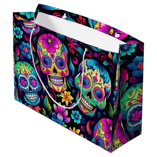 Dag van de Dode Neon Sugar Skulls Groot Cadeauzakje (Achterkant Gekanteld)