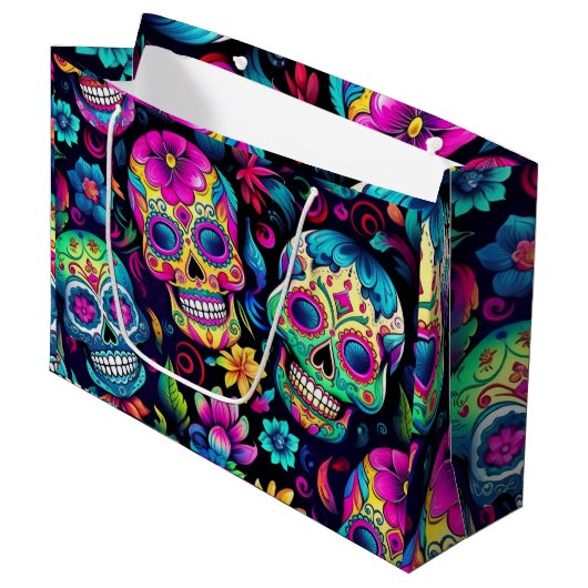 Dag van de Dode Neon Sugar Skulls Groot Cadeauzakje (Voorkant Gekanteld)