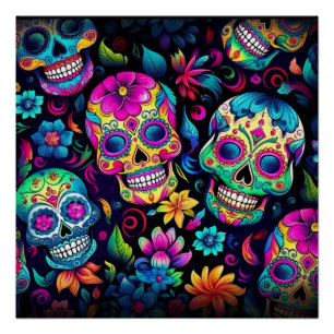 Dag van de Dode Neon Sugar Skulls Perfect Poster
