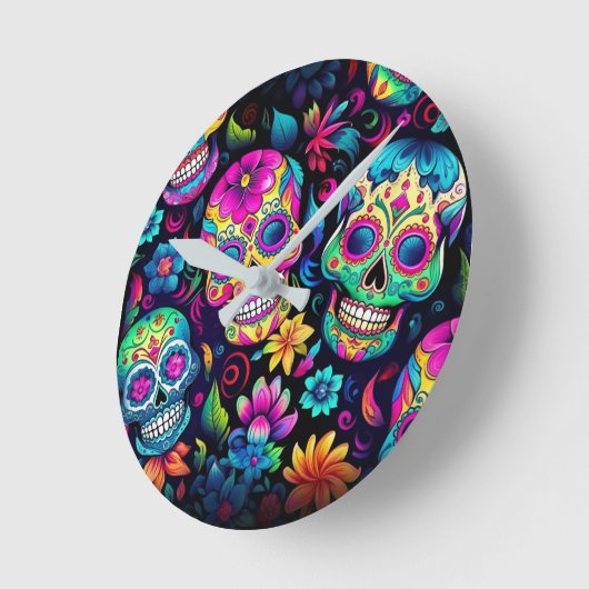Dag van de Dode Neon Sugar Skulls Ronde Klok (Hoek)