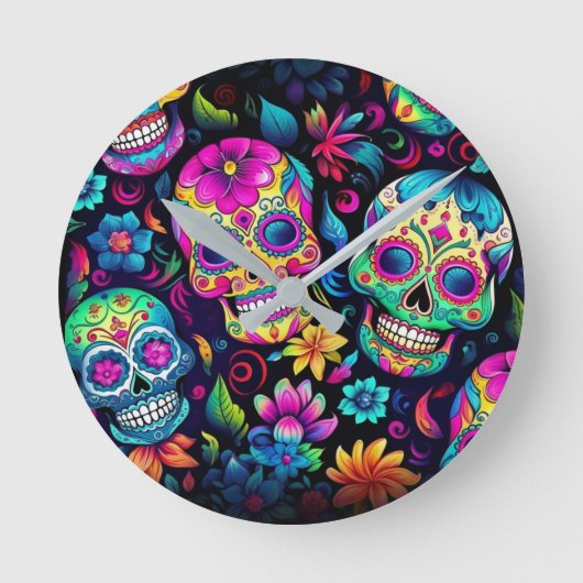 Dag van de Dode Neon Sugar Skulls Ronde Klok (Voorkant)