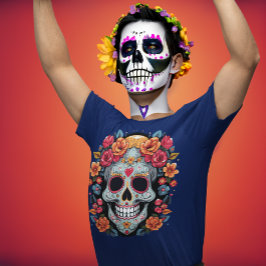 Dag van de Dode of Halloween Blauwe Suikerschedel T-shirt