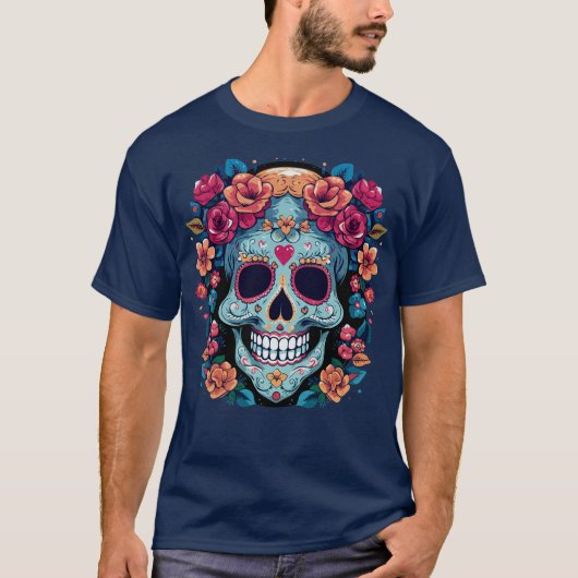 Dag van de Dode of Halloween Blauwe Suikerschedel T-shirt (Voorkant)