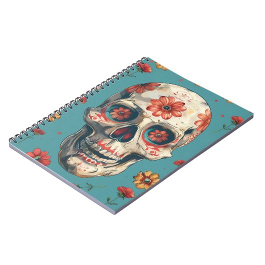 Dag van de Dode ontwerp met schedel en bloemen Notitieboek (Linkerzijde)
