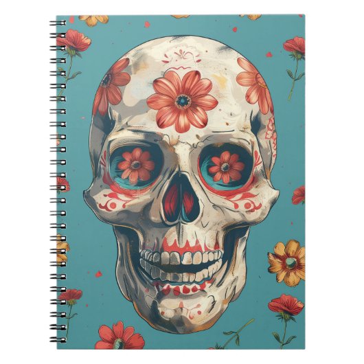Dag van de Dode ontwerp met schedel en bloemen Notitieboek (Voorkant)