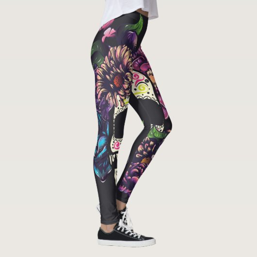 Dag van de dode schedel met bloemen leggings (Rechts)