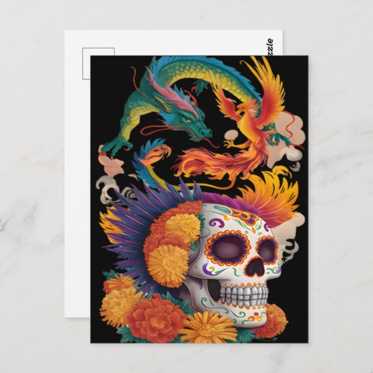 Dag van de dode schedel met draak en feniks briefkaart (Voorkant / Achterkant)