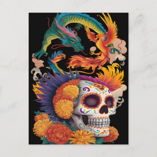 Dag van de dode schedel met draak en feniks briefkaart (Voorkant)