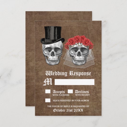 Dag van de dode schedel paar bruiloft RSVP Kaarten (Voorkant / Achterkant)