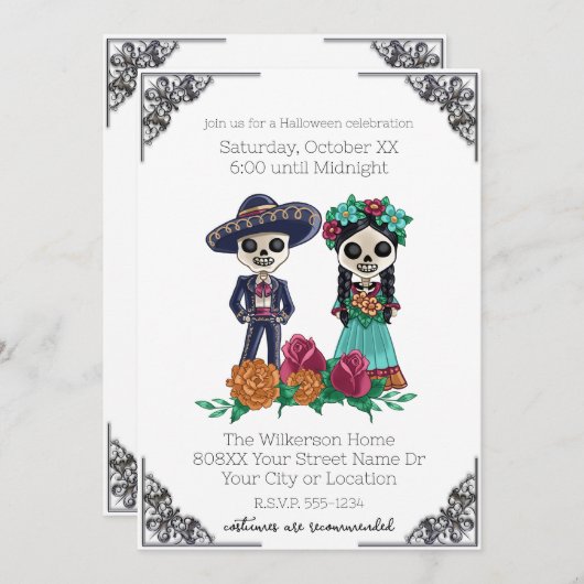 Dag van de Dode Skeletten Halloween Party Kaart (Voorkant / Achterkant)