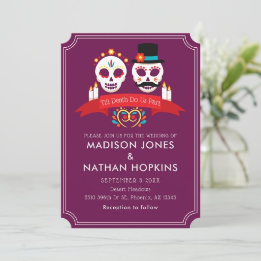 Dag van de Dode Suiker Gothic Magenta Wedding Kaart (Staand voorkant)