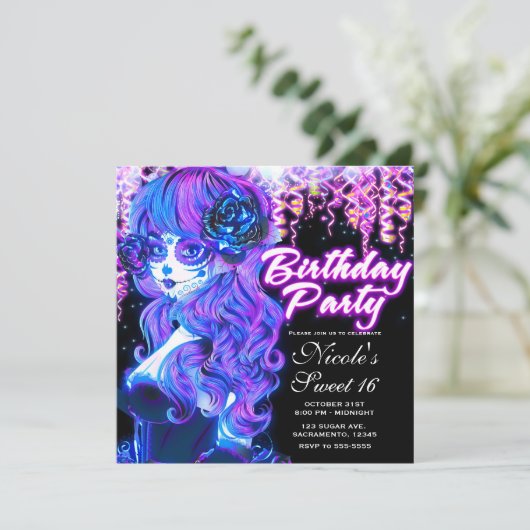 Dag van de Dode Suiker Schedel Glow Verjaardagsfee Kaart (Staand voorkant)