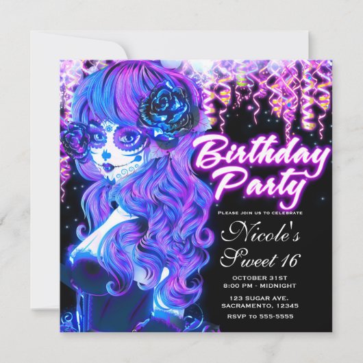 Dag van de Dode Suiker Schedel Glow Verjaardagsfee Kaart (Voorkant)
