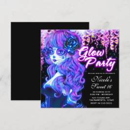 Dag van de Dode Suiker Schedel Meisje Glow Neon Fe Kaart