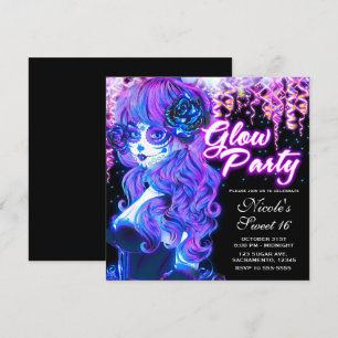 Dag van de Dode Suiker Schedel Meisje Glow Neon Fe Kaart