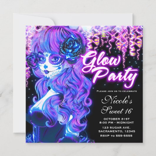 Dag van de Dode Suiker Schedel Meisje Glow Neon Pa Kaart (Voorkant)