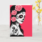Dag van de Dode Suiker Schedel Meisje - roze Kaart (Gele Bloem)