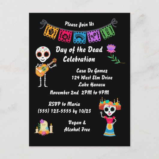 Dag van de Dode Suiker Schedel Skeletten Uitnodigi Briefkaart (Voorkant)