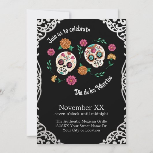 Dag van de Dode Suiker Schedels en Bloemen Zwart Kaart (Voorkant)