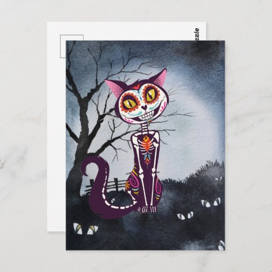 Dag van de Dode Suiker Skull Cat Briefkaart (Voorkant / Achterkant)