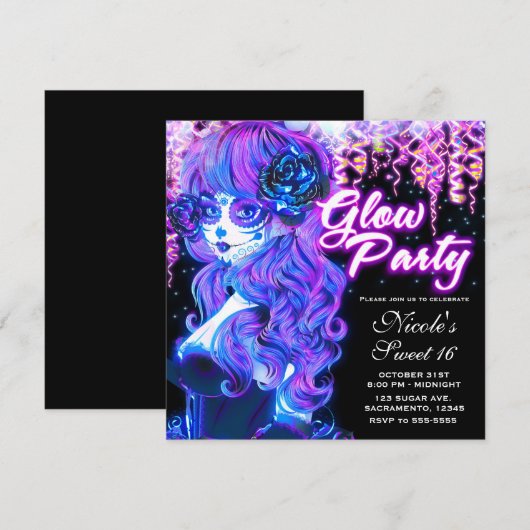 Dag van de Dode Suiker Skull Meisje Glow Neon Fees Kaart (Voorkant / Achterkant)