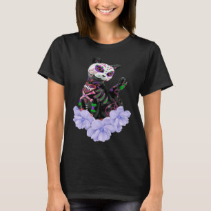 Dag van de Dode Suikerschedel Kat Paarse Bloemen P T-shirt