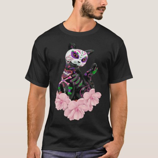 Dag van de Dode Suikerschedel Kat Roze Bloemen Pul T-shirt (Voorkant)