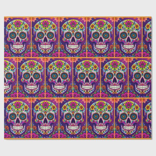 Dag van de Dode Suikerschedel Kleurrijke Bloemen Cadeaupapier (Vlak)