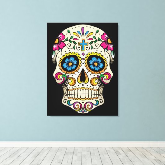 Dag van de dode suikerschedel met kruis canvas afdruk (Insitu (Houten vloer))