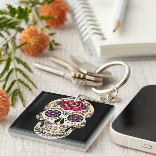 Dag van de dode suikerschedel met Roos Sleutelhang Sleutelhanger (Voorkant Rechts)