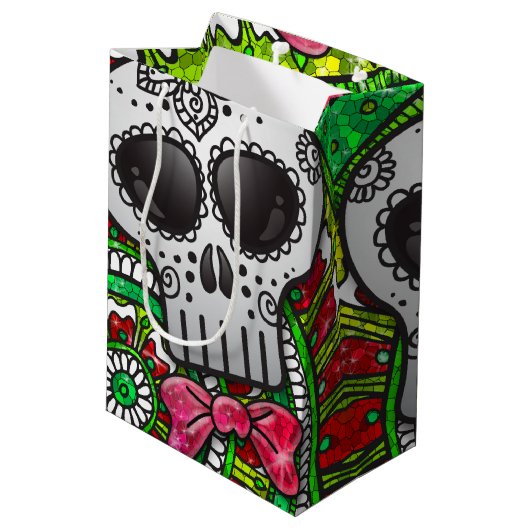 Dag van de Dode Suikerschedel Mexicaanse vlag Glit Medium Cadeauzakje (Achterkant Gekanteld)
