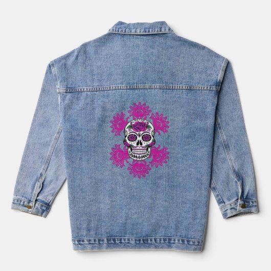 Dag van de dode suikerschedel Roze Abstracte bloem Denim Jacket (Achterkant)