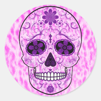 Dag van de Dode Suikerschedel - Roze & Paarse Ronde Sticker