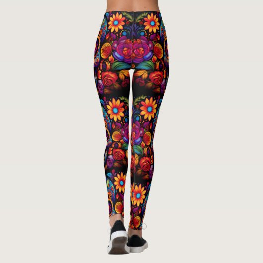 Dag van de Dode Suikerschedel Roze Sinaasappel Zwa Leggings (Achterkant)