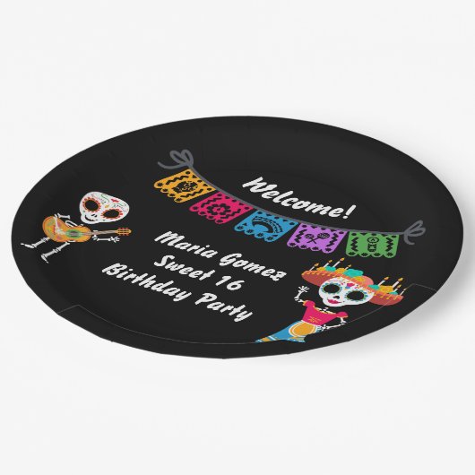 Dag van de Dode Suikerschedel Skeletten Papieren Bordje (Gekanteld)