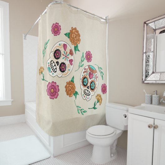 Dag van de Dode Suikerschedels en Bloemen Douchegordijn (In situ)