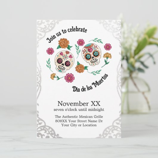 Dag van de Dode Suikerschedels en Bloemen Zilver Kaart (Staand voorkant)