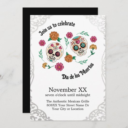 Dag van de Dode Suikerschedels en Bloemen Zilver Kaart (Voorkant / Achterkant)