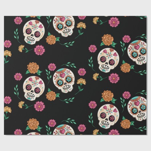 Dag van de Dode Suikerschedels en Bloemen Zwart Cadeaupapier (Vlak)