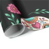 Dag van de Dode Suikerschedels en Bloemen Zwart Cadeaupapier (Rol Hoek)