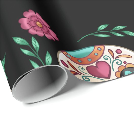 Dag van de Dode Suikerschedels en Bloemen Zwart Cadeaupapier (Rol Hoek)