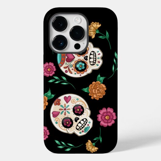 Dag van de Dode Suikerschedels en Bloemen Zwart Case-Mate iPhone Case (Achterkant)