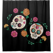 Dag van de Dode Suikerschedels en Bloemen Zwart Douchegordijn (Voorkant)