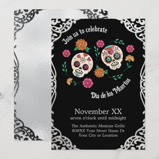 Dag van de Dode Suikerschedels en Bloemen Zwart Kaart (Voorkant / Achterkant)