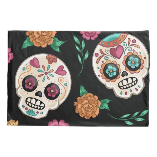 Dag van de Dode Suikerschedels en Bloemen Zwart Kussensloop (Achterkant)
