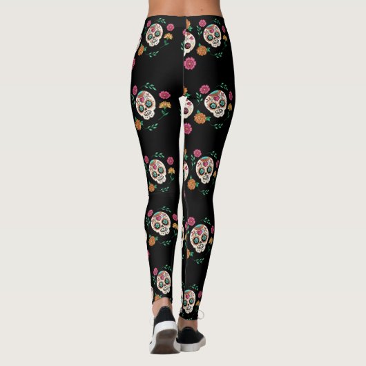 Dag van de Dode Suikerschedels en Bloemen Zwart Leggings (Achterkant)