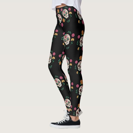 Dag van de Dode Suikerschedels en Bloemen Zwart Leggings (Links)