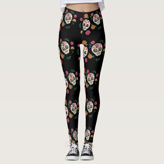Dag van de Dode Suikerschedels en Bloemen Zwart Leggings (Voorkant)
