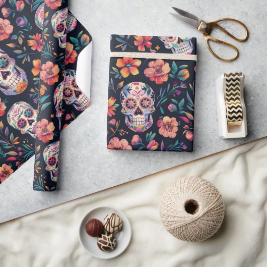 Dag van de Dode Suikerschedels met bloemen Cadeaupapier (Crafts)